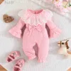 Rompers Baby Girl Newborn Onesies Romper 0-18 Months Toddler Clothing Infant Long Sleeve Cute Lace Collar Button Jumpsuit d240425