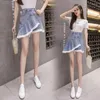 Skirts 2024 Women's Summer Denim Skirt A Line High Waist Shorts Under The Kawaii Sweetness Fringed Patchwork Asymmetrical