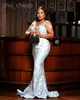Aso ebi 2024 Sky Blue Florals Mermaid Prom jurk lovertjes kristallen avond formeel feest tweede receptie