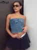 WLWXR Summer Streetwear Strapless Crop Tops met één borsten voor vrouwen 2024 Cowboy Corset Tops Multi-Pocket Denim Tube Tops 240415