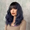 Genuine hair wigs online store Japanese and Korean wig womens haze blue wave curly medium long high temperature silk set Blue Wigs