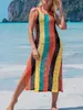 Women Bikini Cover Ups Knitted Crochet Cutout Split Tank Dress For Beach Swimsuit Bathing Suit Summer Clothes