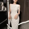 Vestidos de festa Kimutomo Big Bow Cetin White Dress White Design Chic Design sem mangas Mulheres à noite coreana simples vestidos