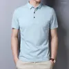 Polos masculinos Summer Summer Solid Button Up Collar Camiseta curta T-shirt listrado Pure Cotton Business Casual Confortável Versátil Top