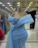 2024 Vestidos de baile azul de grande tamanho para mulheres negras Promdress Ilusão de pescoço de pescoço pérolas de renda pérolas Dorados de aniversário Decorados de Recepção AM778