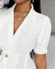 Women's T Shirts Tops Women 2024 Spring Buttoned Eyelet Embroidery Short Sleeve Top Sexy Elegant Commuting Turn-Down Collar Slim Fit Daily
