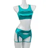 Stage Wear Hope Win Win Win Womens Womens Pólo Dança Use triângulos curtos e um cinto imitando suspensórios Sexy Party Clubwear Seaagreen Satin D240425