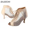 Chaussures de danse Dileechi Latin Skin Velvet avec dentelle nette carrée salsa fête de bal dansant cuba 7,5 cm de semelle extérieure douce