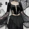 Frauenblusen Mode Goth Frauen Bluse Lange Flare Ärmel Spitze Patchwork Pullover Schlanker Gothic Style Ladies für den Frühling Sommer 2024