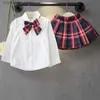 Clothing Sets Autumn Spring New School Style Fashion Baby Girls Dress Set White Shirt Top With Plaid Knot Tie+Plaid Mini Skirt 3 Pcs 3-7T Q240425