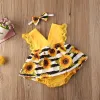 Jednoczęściowe nowonarodzone ubrania córeczki koronkowe marszczenie słonecznika romper opaska na głowę 2pcs letnie rękawe stroje Sunsuit na 024 miesiące