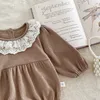 Rompers Baby Clothes Infant Girls Bodysuits Waffle One Piece Lace Collar Clothes And Headband H240425