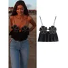 Kvinnors tankar Camis Traf Flower Crop Top Women Black Rhinestone Ruffle Backless Sexig Top Woman Camisole Straps Slveless Female Camis Tank Tops Y240420