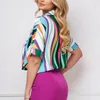 Kvinnors blusar 2024 Spring/Summer Short Sleeve Shirt Stripe Print Pullover Loose Top Sexy Fit