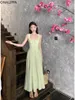 Casual Dresses Onalippa Chic Veins Green Long Dress For Women Solid Beach Style Lace Up Maxi French Sleeveless Square Low Neck Vestidos