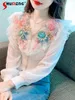 Kvinnors blusar fashionabla V-ringade stickade toppkvinnor 2024 Spring Blus Beaded tredimensionell blomma långärmad vacker