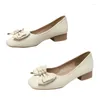 Casual Shoes 2024 Fashion Women 3cm High Square Heels Butterfly Knots Pumps Soft Leather Comfortable Shallow Office Lady Slip On