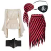 5 Pcs Women Pirate Costume Blouse Tops Corset Waist Belt Pirate Skirt Stripes Headscarf Halloween