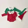Rompers Nieuwe kerstkleding Baby Peter Pan Patchwork Bodysuit Christmas Hat Leggings H240425