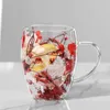 Tumblers 350ml Creative Double Wall Coffee Cup com True Dry Flor Flor de Glass Gift Handle High Borossilicate H240425