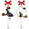 Dangle Earrings Maiden Broom Red Bow Asymmetrical Personality Pearl Tassels Ear Studs Without Hole Clip