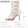 Chaussures de danse dileechi femmes en cuir blanc latin avec boucles nettes fête salsa salle de bal dansant bottes à talon mince élevé