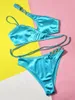 Biquíni de banho feminina se sexy azul um ombro 2024 Mujer High Swimsuits Swimsuits Mulher Bandagem Cruzada Coscela