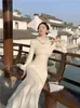 Sukienki swobodne chiński styl retro cheongsam qipao sukienka z długim rękawem futra kołnierz biała szczupła talia elegancka lady impreza