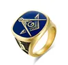 New Masonic Ring Gold Color Stainless Steel Big Rings for Men Blue Enamel Gift for Brother Friend8888311