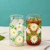Tumblers 1 Piece Of Green Leafy Petal Daisy Pattern With Bamboo Lid Glass Straw Juice Hot And Cold Drink Bottle Suitable For Summer H240425