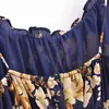 Casual Dresses Retro French Style Summer Navy Blue With Gold Flower Print Ruched Chest V Neck Mini Dress Sexig Ruffles Hem Nacing Up Sling