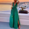 Summer Casual Shlee Bide Side Split Długie sukienka Kobiety Elegancka głęboka pułek w szpic Solid Bohe Fashion Hollow Party 240417