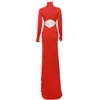 Casual Dresses OMSJ 2024 Red Floor Length Evening High Neck Cross Folds Hollow Out Sexy Wrap Hip Long Dress Formal Prom Party Club Gown