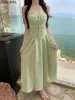 Casual Dresses Onalippa Chic Veins Green Long Dress For Women Solid Beach Style Lace Up Maxi French Sleeveless Square Low Neck Vestidos