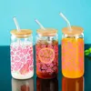 Gobelers rose rose motif 3d imprimer 16 oz en verre tasse maçon canettes en bouteilles avec du couvercle de couvercle de bambou à boire du soda café H240425