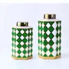 Bouteilles de rangement motif à carreaux verts en céramique pot doré de bouteille hexagonale avec paupières décoration de bureau