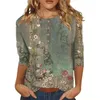 Boulouches de femmes Top T-shirt décontracté boutonner floral vintage pour couleurs couleurs doux respirant trois quarts de manches