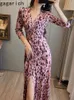 Casual Dresses Gagarich French Retro V-neck Temperament High Waisted Slim Long Fashion Pink Leopard Print One Piece Wrap Around Lady