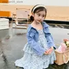 Giyim Setleri Yaz Bebek Kız Giyim Yeni Moda Denim Ceket+Düzensiz Hem Kolye Çiçek Elbise 2pcs Giyim Küçük Prenses Seti Q240425