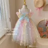 2024 Sommar Nya babyflickor Kläd Party Dress Barnkjol Fantasy Elf Butterfly Wings Rainbow Color Tutu Princess Dresses Kids Clothing