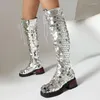 Boots Plus Size Circular Sequins Cover The Upper With Cross Straps Zippers Women's Over Knee Wood Grain Thick Heel Long Boot