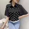 Dames blouses Koreaanse stijl zoete werkkleding met één rijs met een borte polo kraag stippen stippen print korte mouwen chiffon shirt met korte mouwen