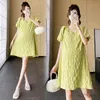 Zwangerschapsjurken Korte Lady Summer Jurk Puff Sleeve Hollow Out V-Neck Fashion zwangere vrouw A-lijn jurk losse zwangerschap Dobby-jurken Green