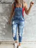 Kvinnors jumpsuits Rompers denim Jumpsuit Womens Summer Sexy Tear Hole Tight Denim Jacket Casual Y-formad axelband Svart Jumpsuit Womens Y240425