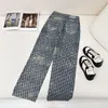 24SS Women Designer Pants Jeans met all-over letterpatroon knoppen vrouwelijke high-end Milan Runway merk Casual Jersey Jogging Outsed Weer Denim rechte broek A99