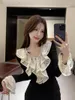 Camisetas femininas korejpaa elegante v lace de pescoço feminino coreano moda hollow buffe manga longa top fêmea emagrece