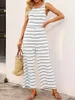 Damen -Jumpsuits Rolpper Striped bedruckter Tank Jumpsuit lässig weit beintralterer Crew Neck Jumpsuit Damenkleidung Y240425