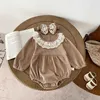 Rompers Baby Clothes Infant Girls Bodysuits Waffle One Piece Lace Collar Clothes And Headband H240425