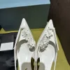 Slingback sivri uçlu kedi topuk elbise sandalet cilalı cowhide origami çiçek parti akşam ayakkabıları kadın lüks tasarımcı slip ayakkabı 35-42 kutu