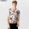 Erkekler Sıradan Gömlekler Incerun Erkek Gömlek Örgü Şeffaf Çiçek Baskı Yakası Kısa Kol Kıyafetleri Sokak Giyim 2024 Seksi Moda Camisas